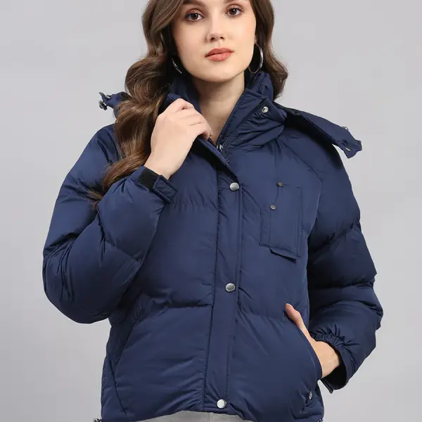 Women Blue Solid Hooded Full Sleeve Jacket