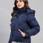 Women Blue Solid Hooded Full Sleeve Jacket