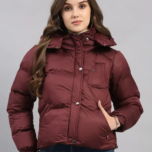Women Burgundy Solid Hooded Full Sleeve Jacket