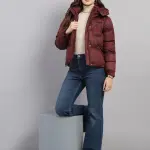 Women Burgundy Solid Hooded Full Sleeve Jacket