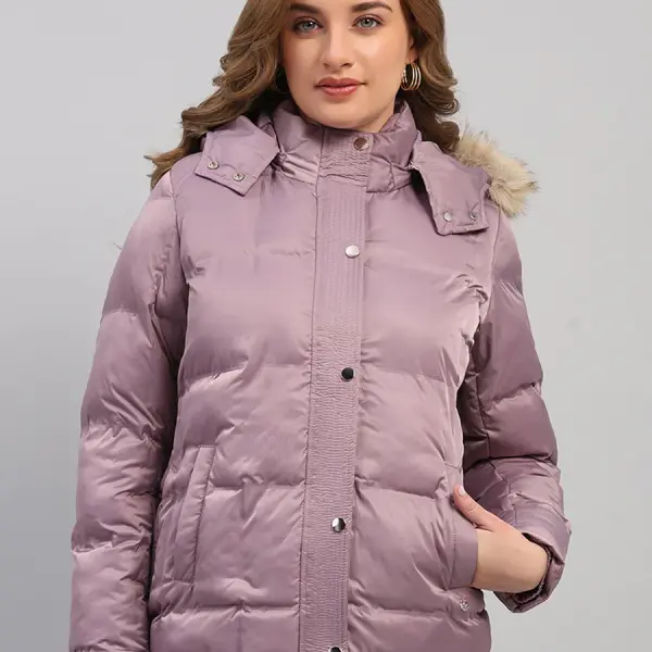 Women Mauve Self Design Hooded Full Sleeve Jacket