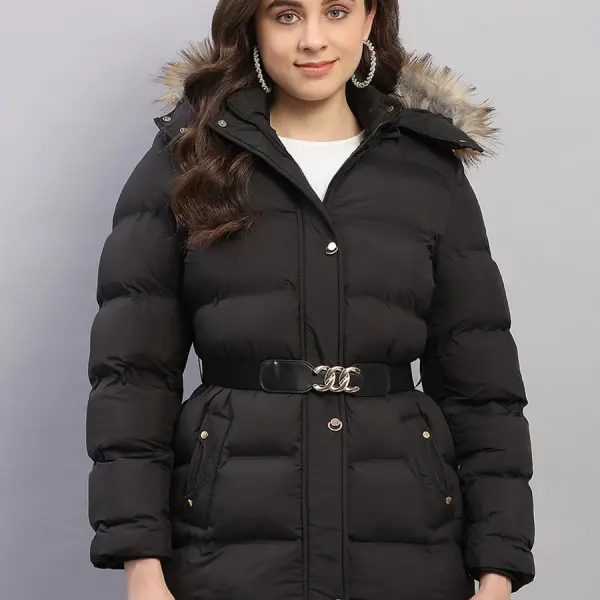 Women Black Solid Hooded Full Sleeve Jacket