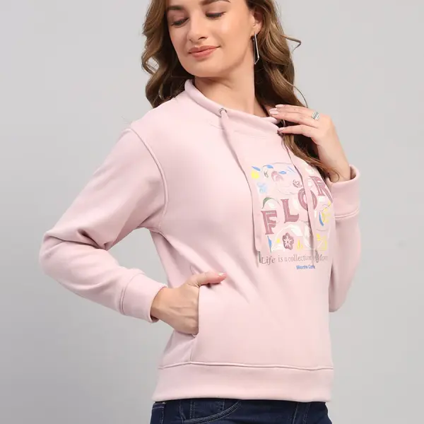 Women Pink Printed Turtle Neck Full Sleeve Sweatshirt