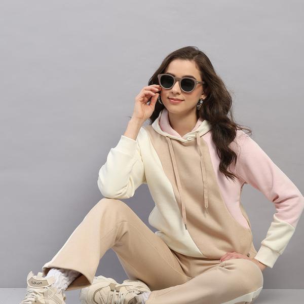 Women Beige Printed Hooded Full Sleeve Winter Tracksuit