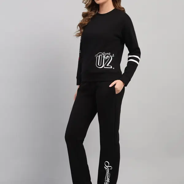 Women Black Printed Round Neck Full Sleeve Cords Set