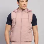 Men Peach Solid Hooded Sleeveless Jacket