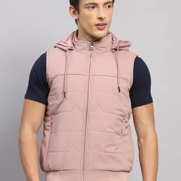 Men Peach Solid Hooded Sleeveless Jacket