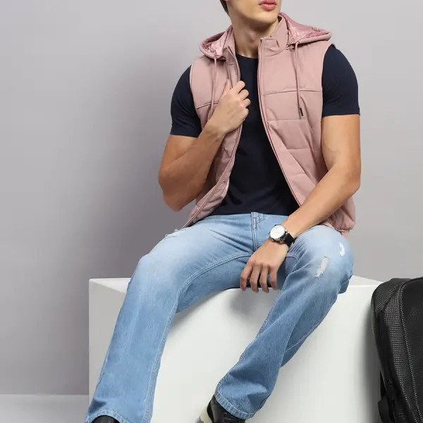 Men Peach Solid Hooded Sleeveless Jacket