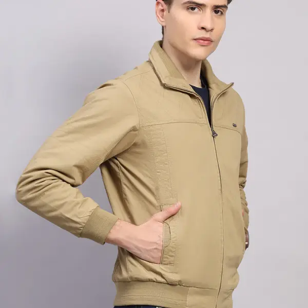 Men Khaki Solid Collar Full Sleeve Jacket