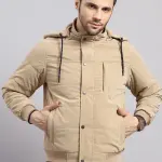 Men Khaki Solid Hooded Full Sleeve Jacket