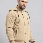 Men Khaki Solid Hooded Full Sleeve Jacket