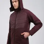 Men Burgundy Solid Hooded Full Sleeve Jacket
