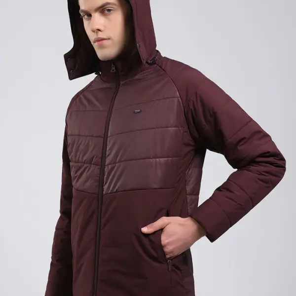 Men Burgundy Solid Hooded Full Sleeve Jacket