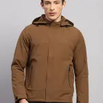 Men Tan Solid Hooded Full Sleeve Jacket