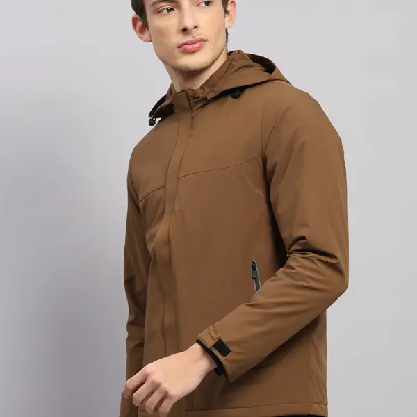 Men Tan Solid Hooded Full Sleeve Jacket