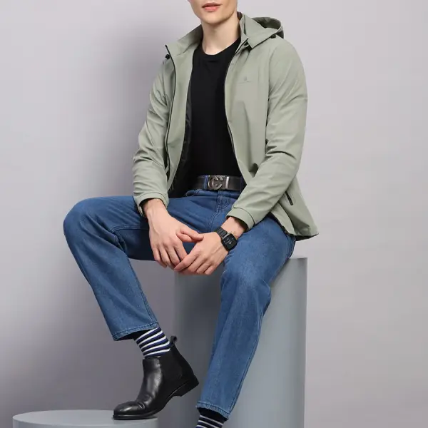 Men Cream Solid Hooded Full Sleeve Jacket