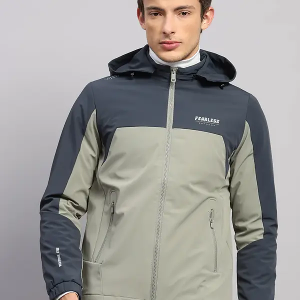 Men Blue Solid Hooded Full Sleeve Jacket