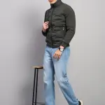 Men Olive Solid Mock Neck Full Sleeve Jacket