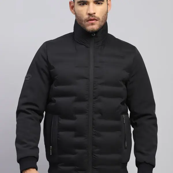 Men Black Solid Stand Collar Full Sleeve Jacket