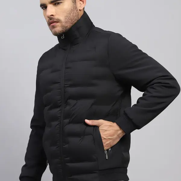 Men Black Solid Stand Collar Full Sleeve Jacket
