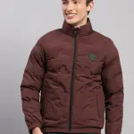 Men Burgundy Solid Stand Collar Full Sleeve Jacket