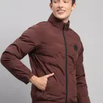 Men Burgundy Solid Stand Collar Full Sleeve Jacket