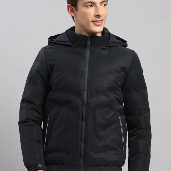 Men Navy Blue Solid Hooded Full Sleeve Jacket