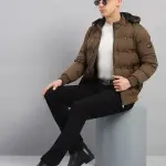 Men Brown Solid Hooded Full Sleeve Jacket