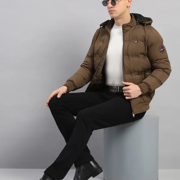 Men Brown Solid Hooded Full Sleeve Jacket