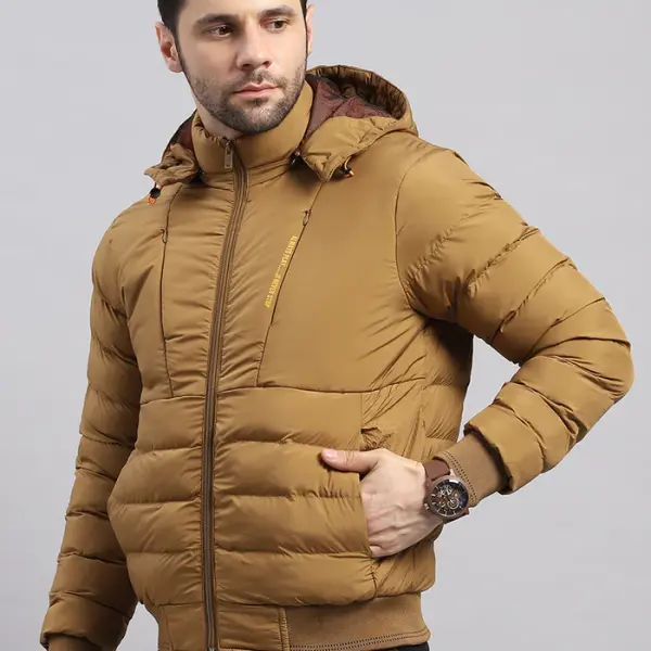 Men Khaki Solid Hooded Full Sleeve Jacket