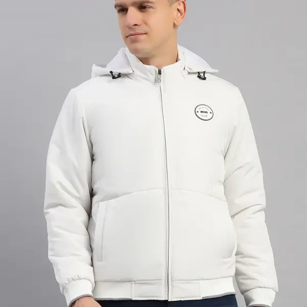 Men White Solid Hooded Full Sleeve Jacket