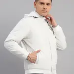 Men White Solid Hooded Full Sleeve Jacket