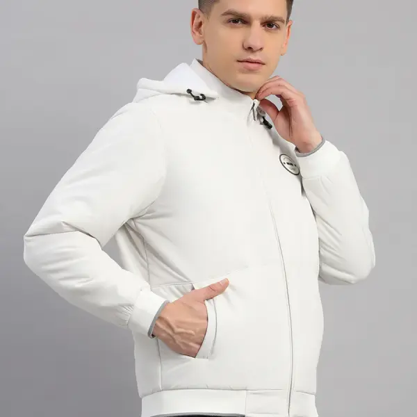 Men White Solid Hooded Full Sleeve Jacket