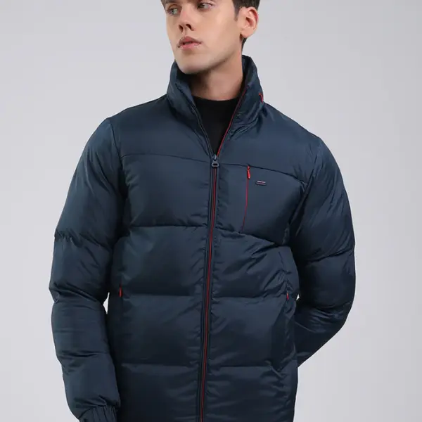 Men Navy Blue Solid Hooded Full Sleeve Jacket