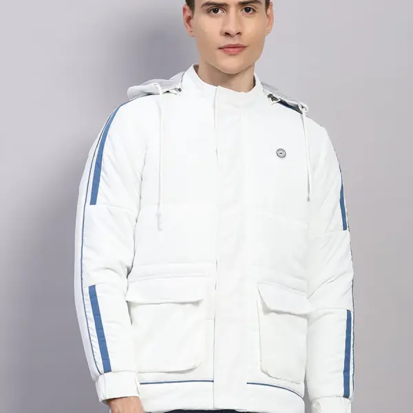 Men White Solid Hooded Full Sleeve Jacket
