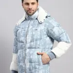 Men Sky Blue Solid Hooded Full Sleeve Jacket