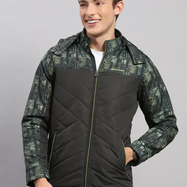 Men Olive Solid Hooded Full Sleeve Jacket