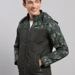 Men Olive Solid Hooded Full Sleeve Jacket