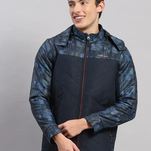 Men Navy Blue Solid Hooded Full Sleeve Jacket