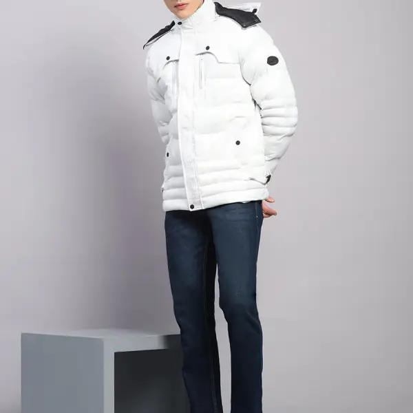 Men White Solid Hooded Full Sleeve Jacket