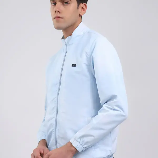 Men Sky Blue Solid Stand Collar Full Sleeve Jacket
