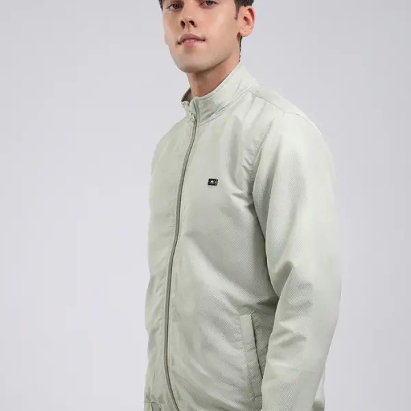 Men Green Solid Stand Collar Full Sleeve Jacket