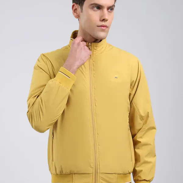 Men Yellow Solid Stand Collar Full Sleeve Jacket