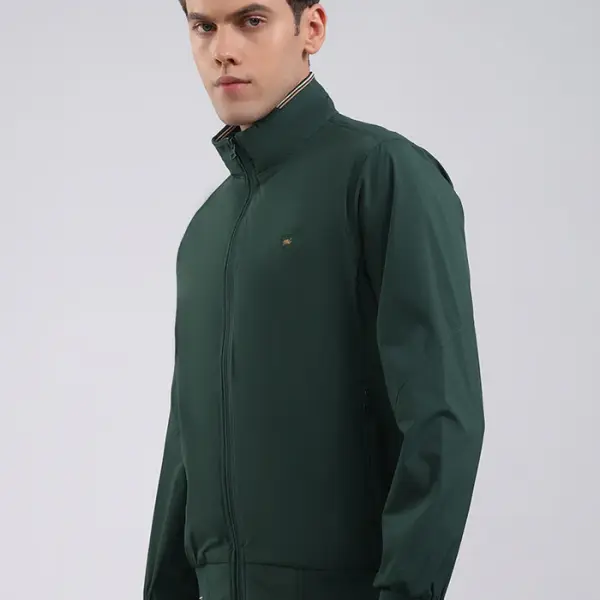 Men Green Solid Stand Collar Full Sleeve Jacket
