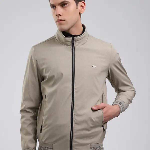 Men Beige Solid Stand Collar Full Sleeve Jacket