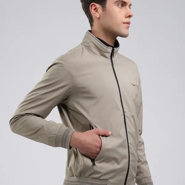 Men Beige Solid Stand Collar Full Sleeve Jacket
