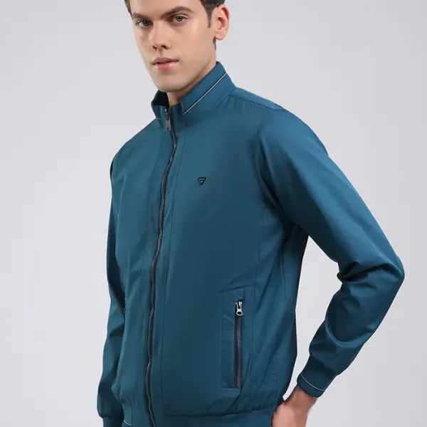 Men Teal Blue Solid Stand Collar Full Sleeve Jacket