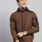 Men Brown Solid Hooded Full Sleeve Jacket