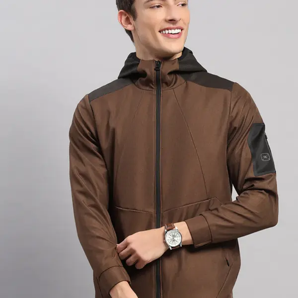 Men Brown Solid Hooded Full Sleeve Jacket