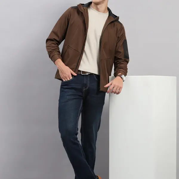 Men Brown Solid Hooded Full Sleeve Jacket